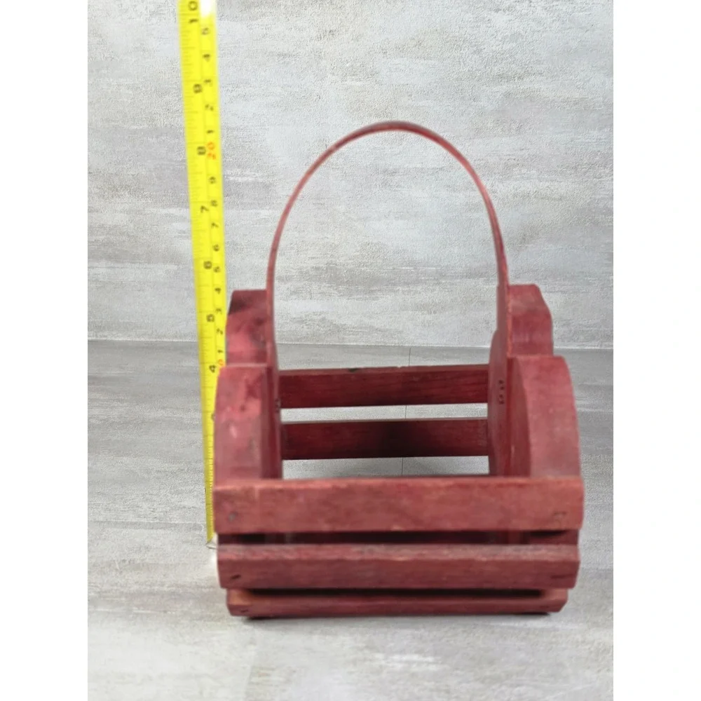 VTG hand-painted Red Wooden apple shaped basket carry handle Cottagecore Rustic